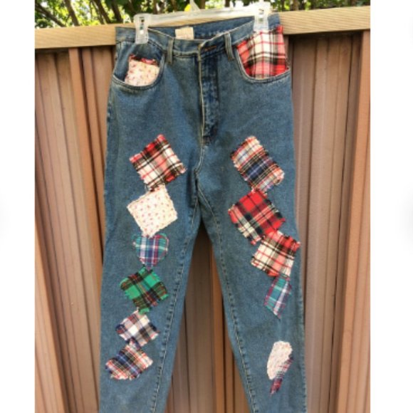 Retro 80s Women's Generation Plaid Patch Jeans - Picture 1 of 2